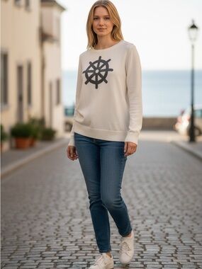 Nautica White Sweater Navy Nautical Wheel and Shoulder Button Detail Women’s L